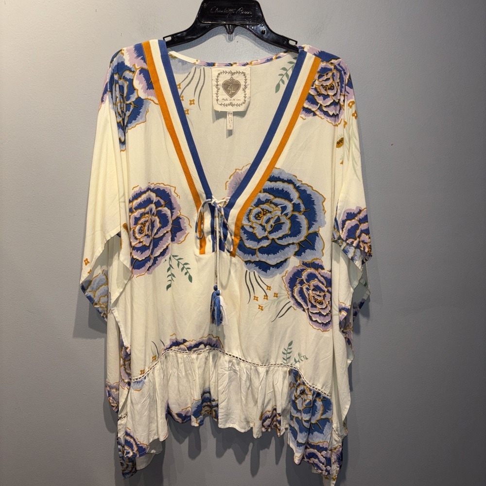 Z&L Europe Cream Floral Kaftan Tunic Blouse Tassels‎ Women's Sz S Boho Artsy